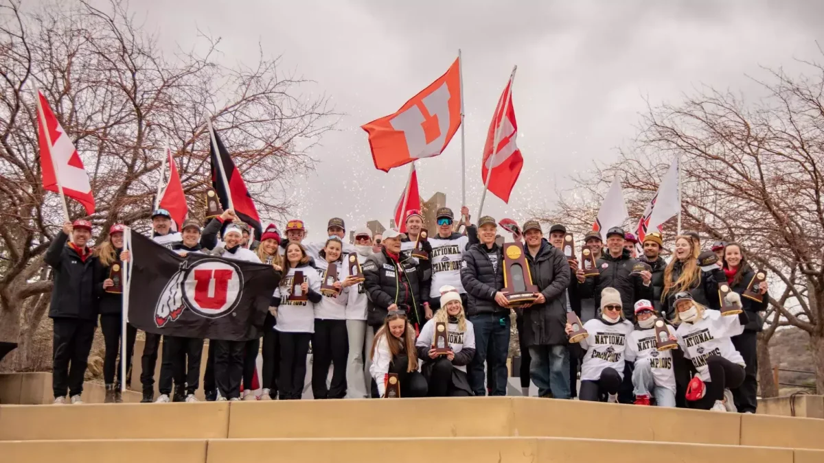 The University of Utah Ski team celebrates after winning a national championship on March 14, 2026 (Photo courtesy of Evan Sosnowski of Utah Athletics) 